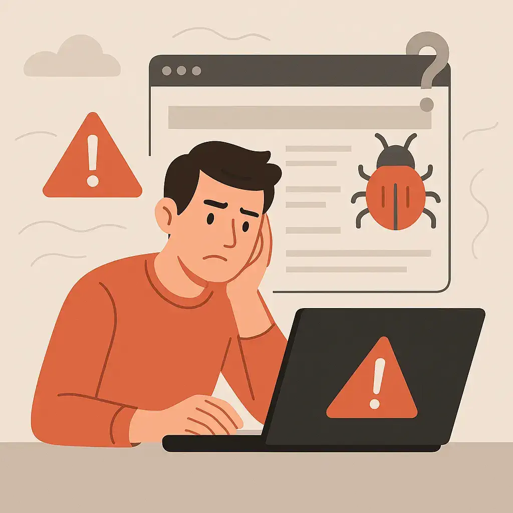 Flat design graphic showing a concerned person at a laptop with a warning symbol and bug icon, representing a potential website hack or outage.