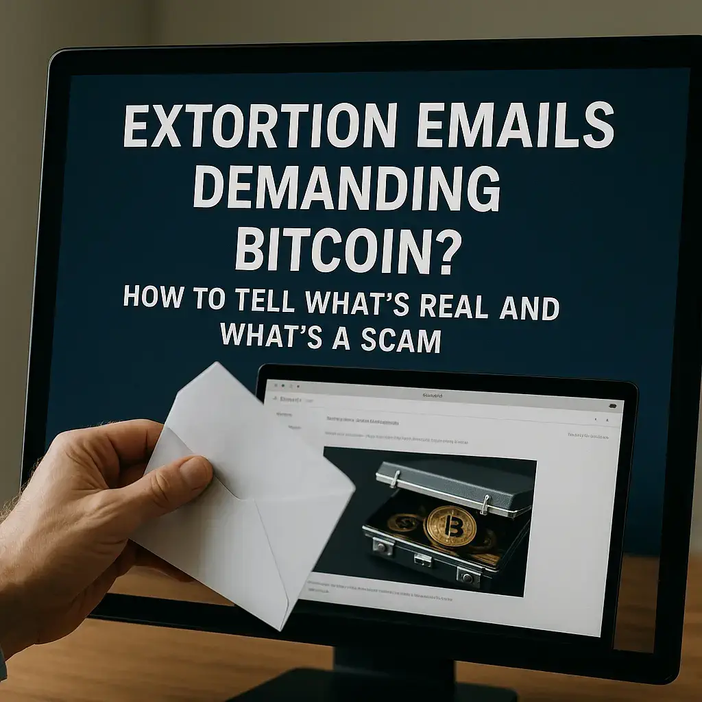 Hand holding an envelope in front of a computer monitor displaying an extortion email about Bitcoin scams, with bold text and a digital briefcase containing cryptocurrency.