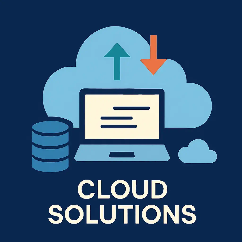 Cloud solutions icon with laptop, cloud, storage stack, and upload-download arrows on dark blue background