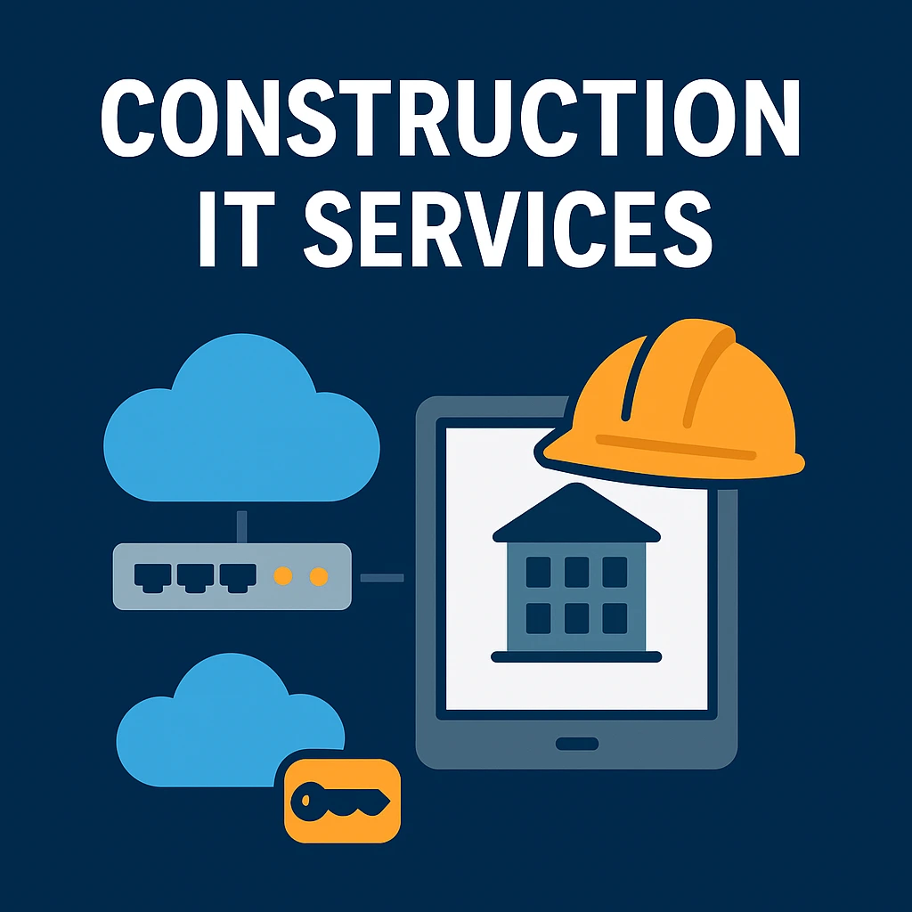 Construction IT services illustration with rugged tablet, cloud, network gear, and safety helmet on dark blue background with bold white title text