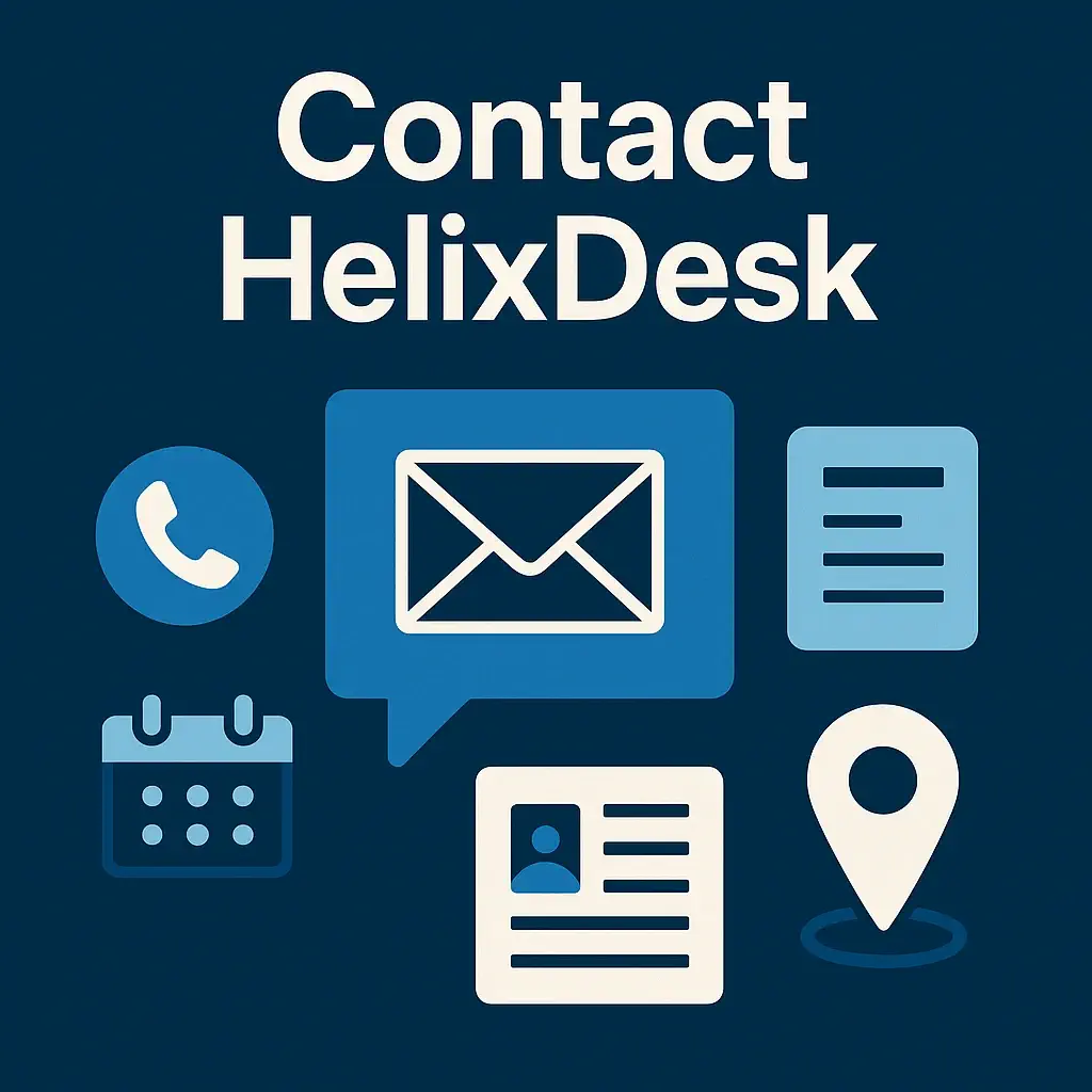 Contact HelixDesk illustration with email, phone, chat bubble, and calendar icons on dark blue background and bold white title text