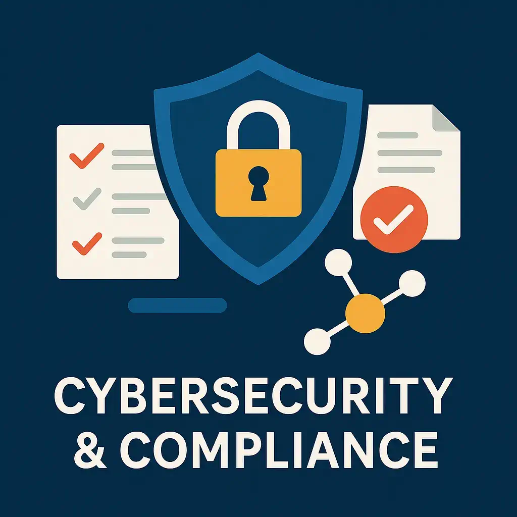 Cybersecurity and compliance icons with shield, padlock, checklist, document, and network node on dark blue background