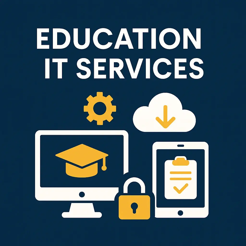 Education IT services illustration with laptop, network switch, cloud icon, and graduation cap on dark blue background with bold title text