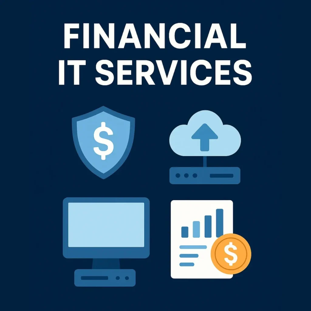 Illustration of financial IT services with cloud, shield, desktop computer, and analytics document icons on dark blue background and bold white title text