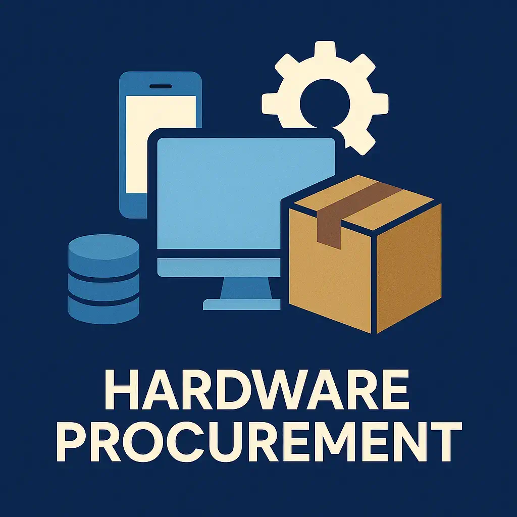 Hardware procurement illustration with monitor, box, gear, smartphone, and server icons on dark blue background