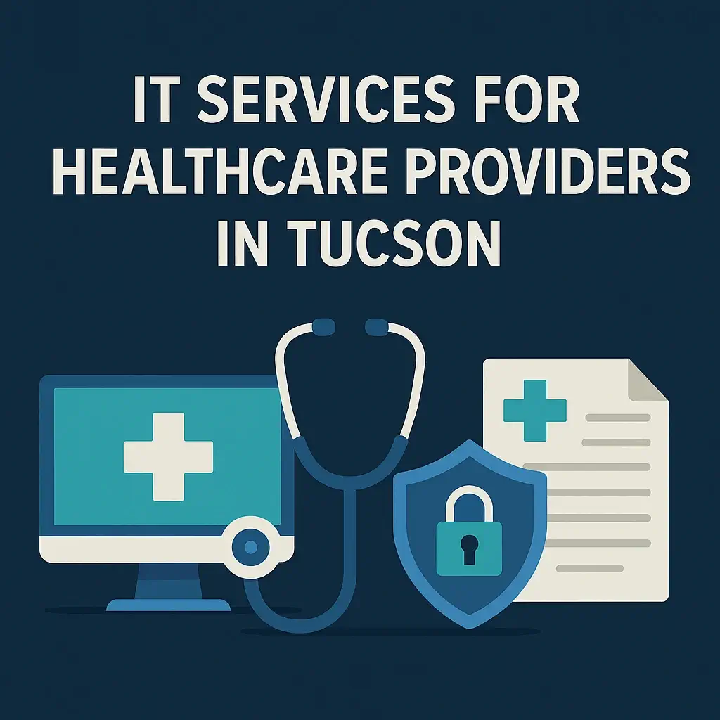 Healthcare IT services illustration with medical monitor, stethoscope, shield icon, and patient chart on dark blue background and bold white title text