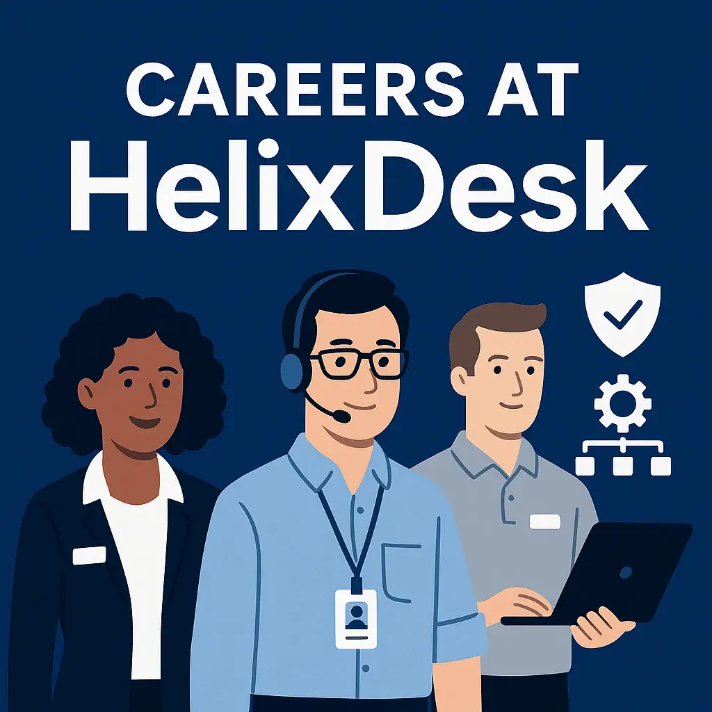 A flat-style digital illustration representing IT career opportunities at HelixDesk, featuring a computer screen with checklists, a tech resume, and gear icons symbolizing technical roles in support, administration, and consulting.
