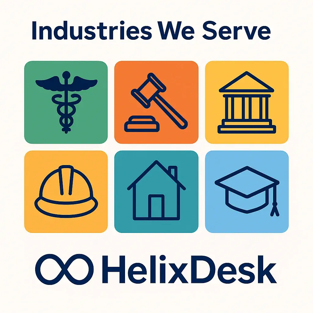 Flat vector illustration showing IT support icons for healthcare, legal, finance, construction, education, and nonprofit industries on a unified digital grid layout.
