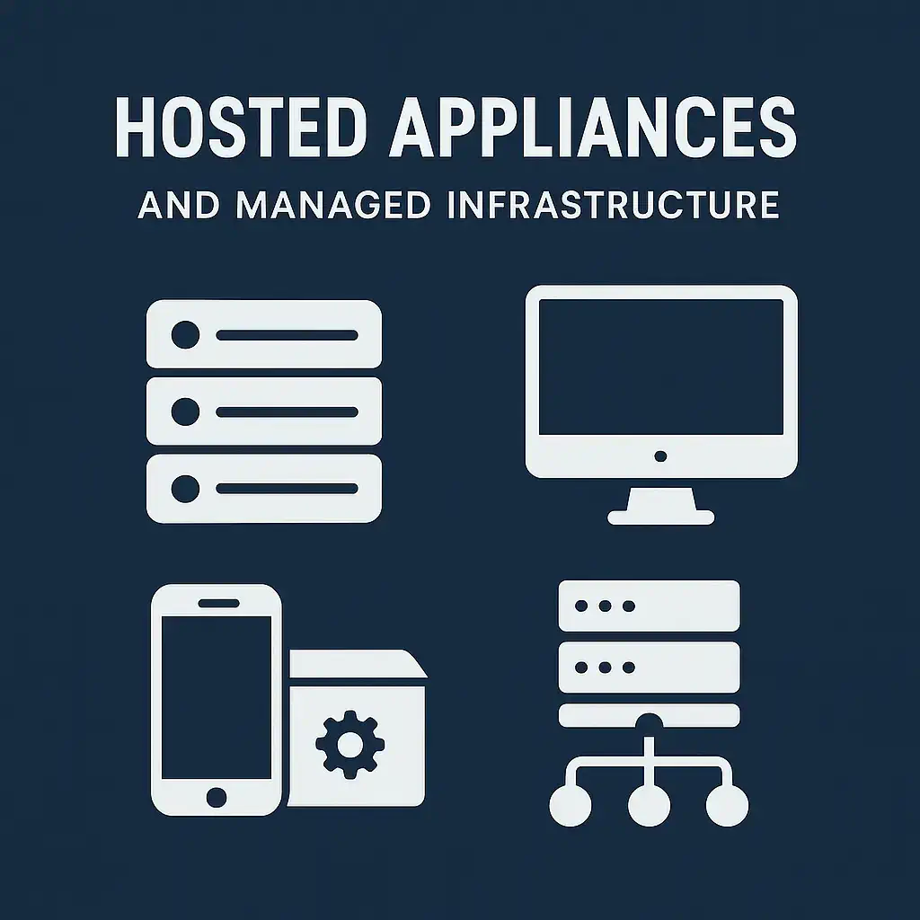 Hosted appliances and managed infrastructure icons including server, monitor, smartphone, and network node on dark blue background