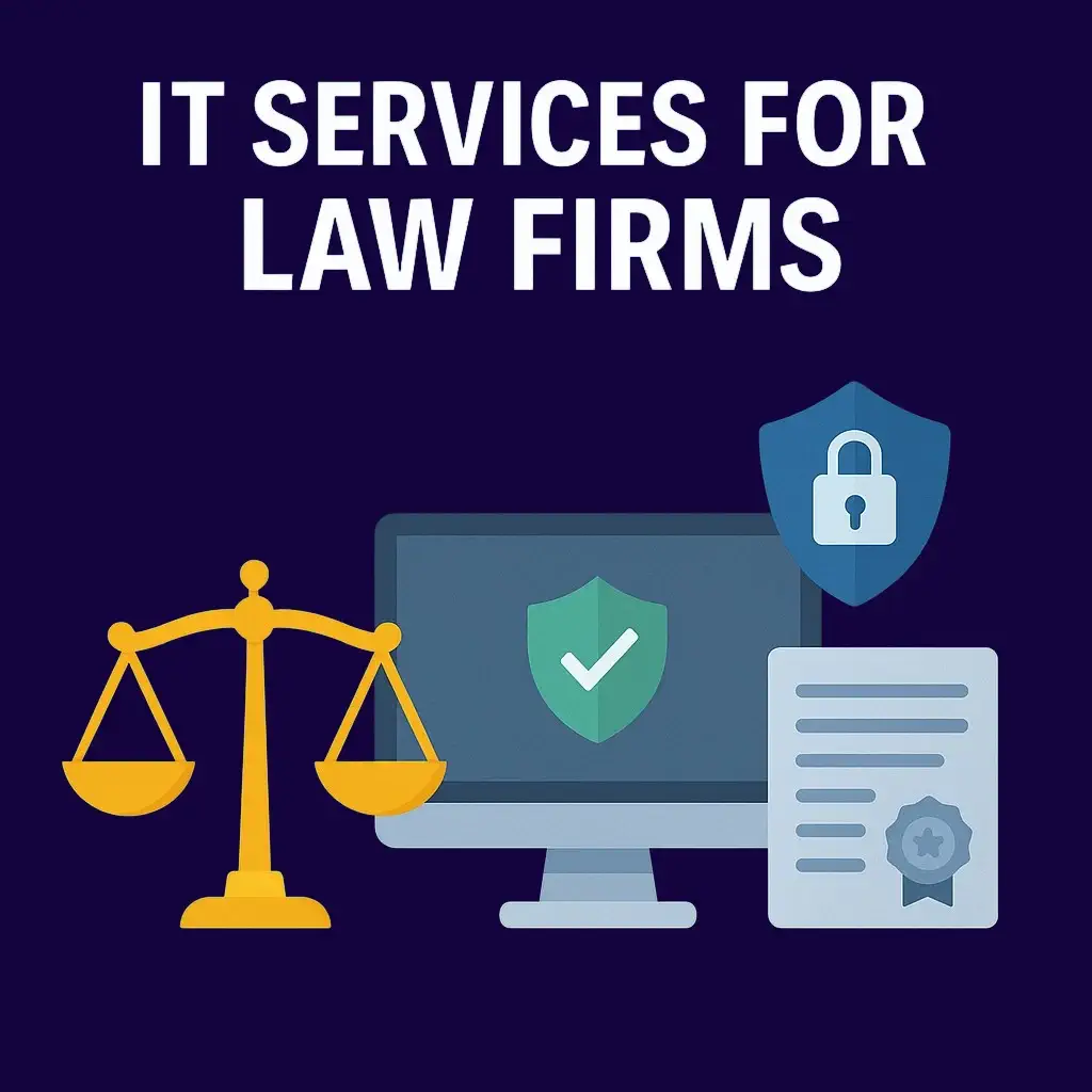Law firm IT services illustration with scales of justice, computer monitor, shield, and document icon on dark blue background and bold title text