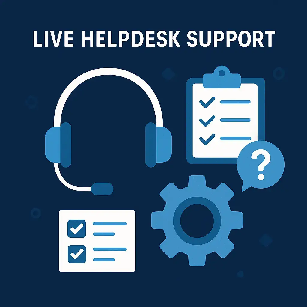 Flat design illustration of live helpdesk support icons including headset, checklist, gear, and speech bubble on a dark blue background