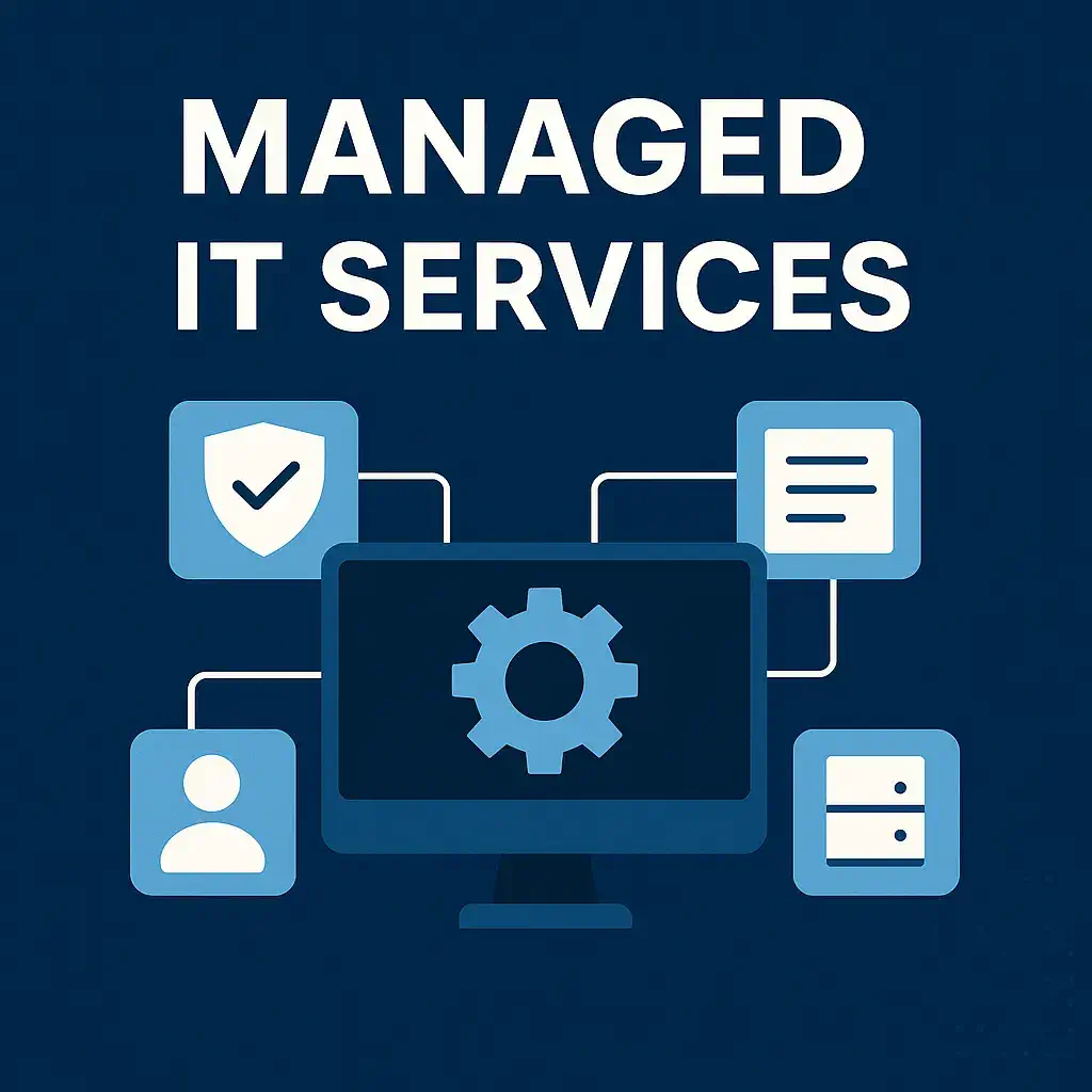 Illustration of managed IT services in Tucson featuring cloud, security, and support icons on a dark blue background