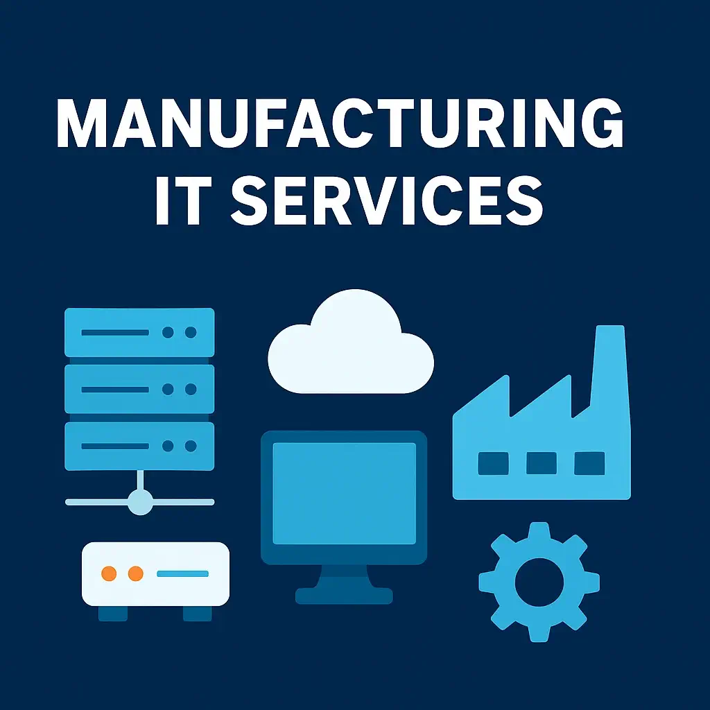 Illustration of IT services for manufacturing featuring server rack, network gear, cloud icon, and factory silhouette on dark blue background with bold title text