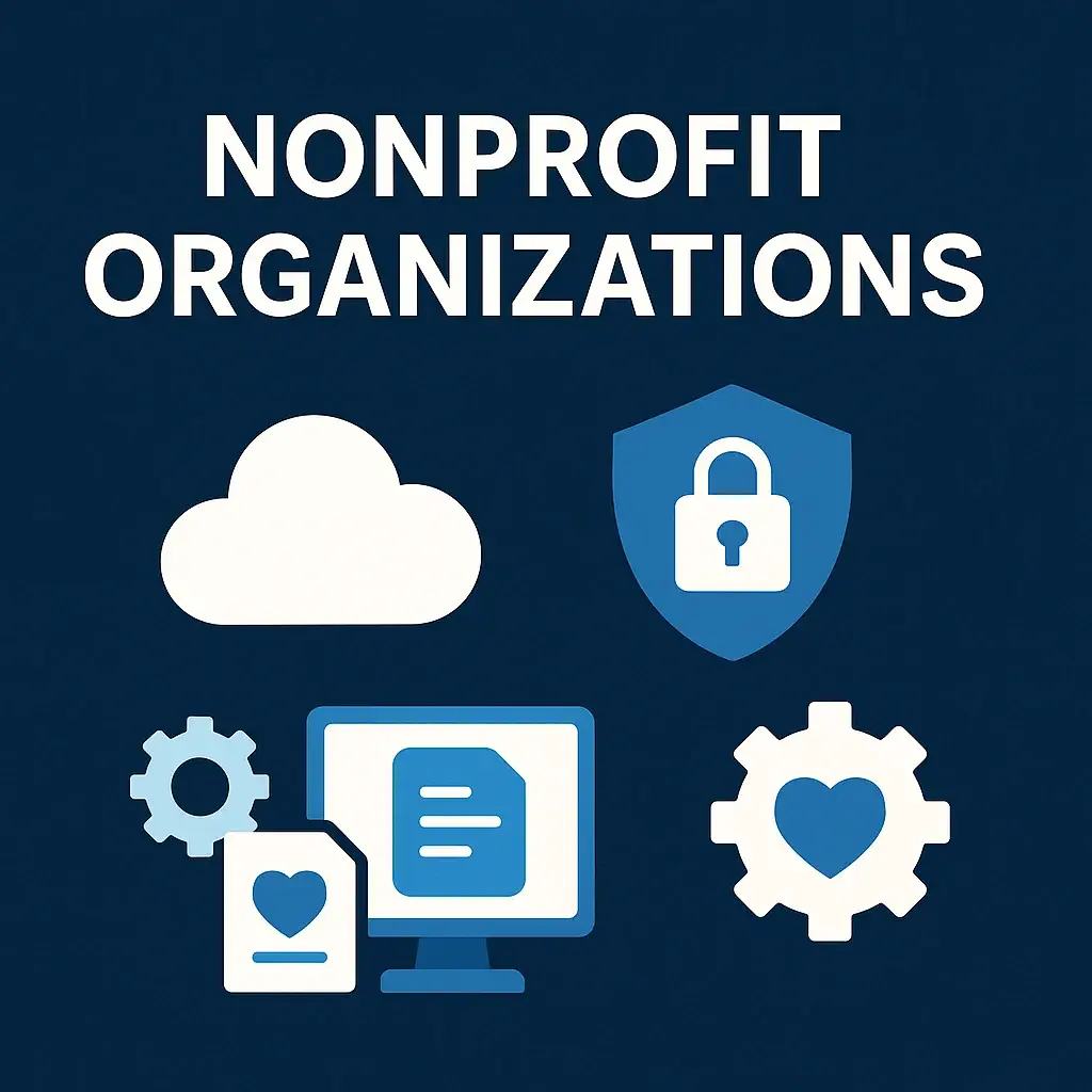 Illustration of nonprofit IT services with cloud, shield, gear, and document icons on dark blue background and bold white title text