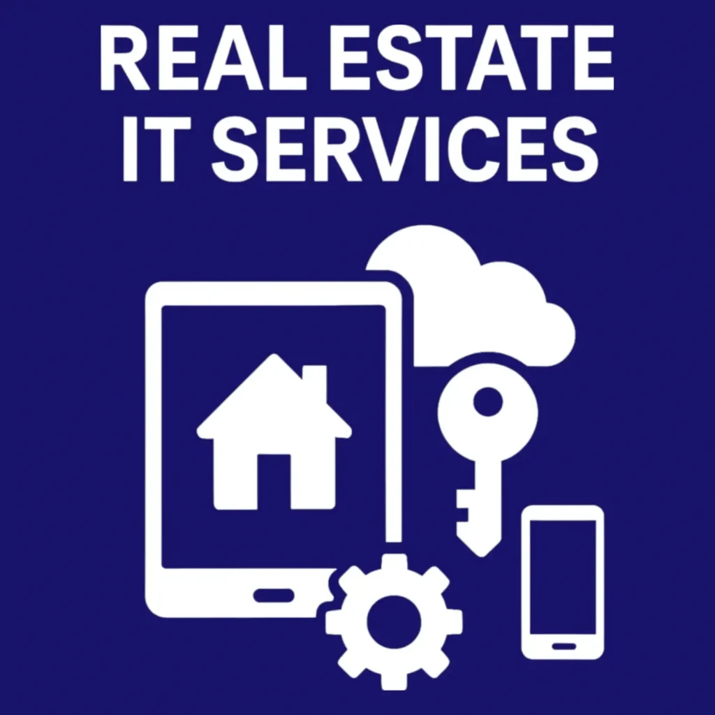 Real estate IT services illustration with tablet, network router, and secure key safe icon on dark blue background with bold title text