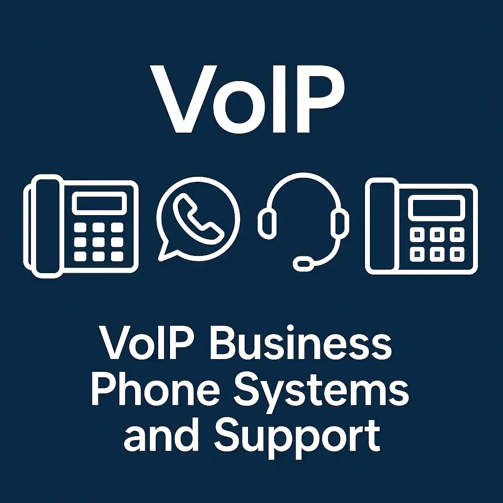 VoIP phone systems illustration with desk phone, headset, and call icon on dark blue background